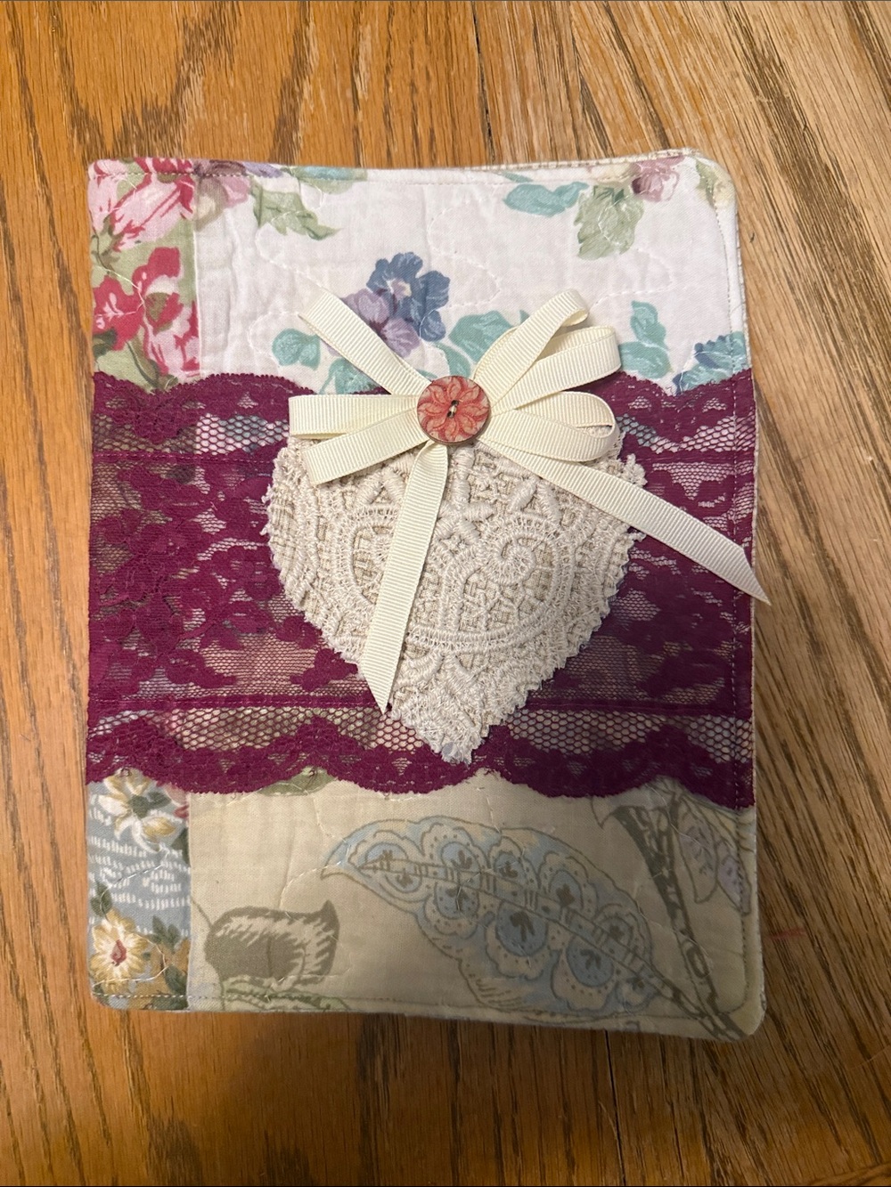 Handmade Lace and Bow Journal Cover in Burgundy and Cream